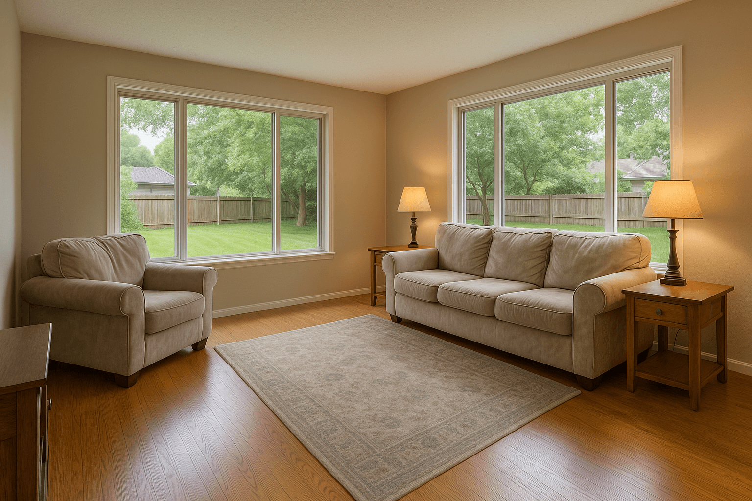 The same living room, as shot and as delivered — after editing
