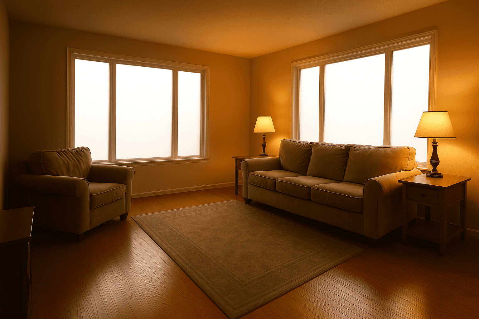 The same living room, as shot and as delivered — before editing