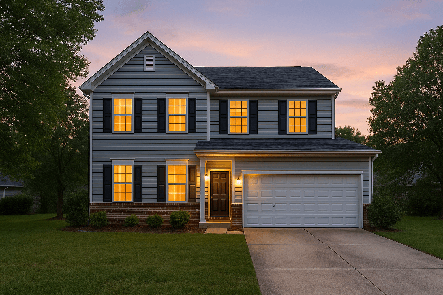 Two-story home at dusk with the windows lit